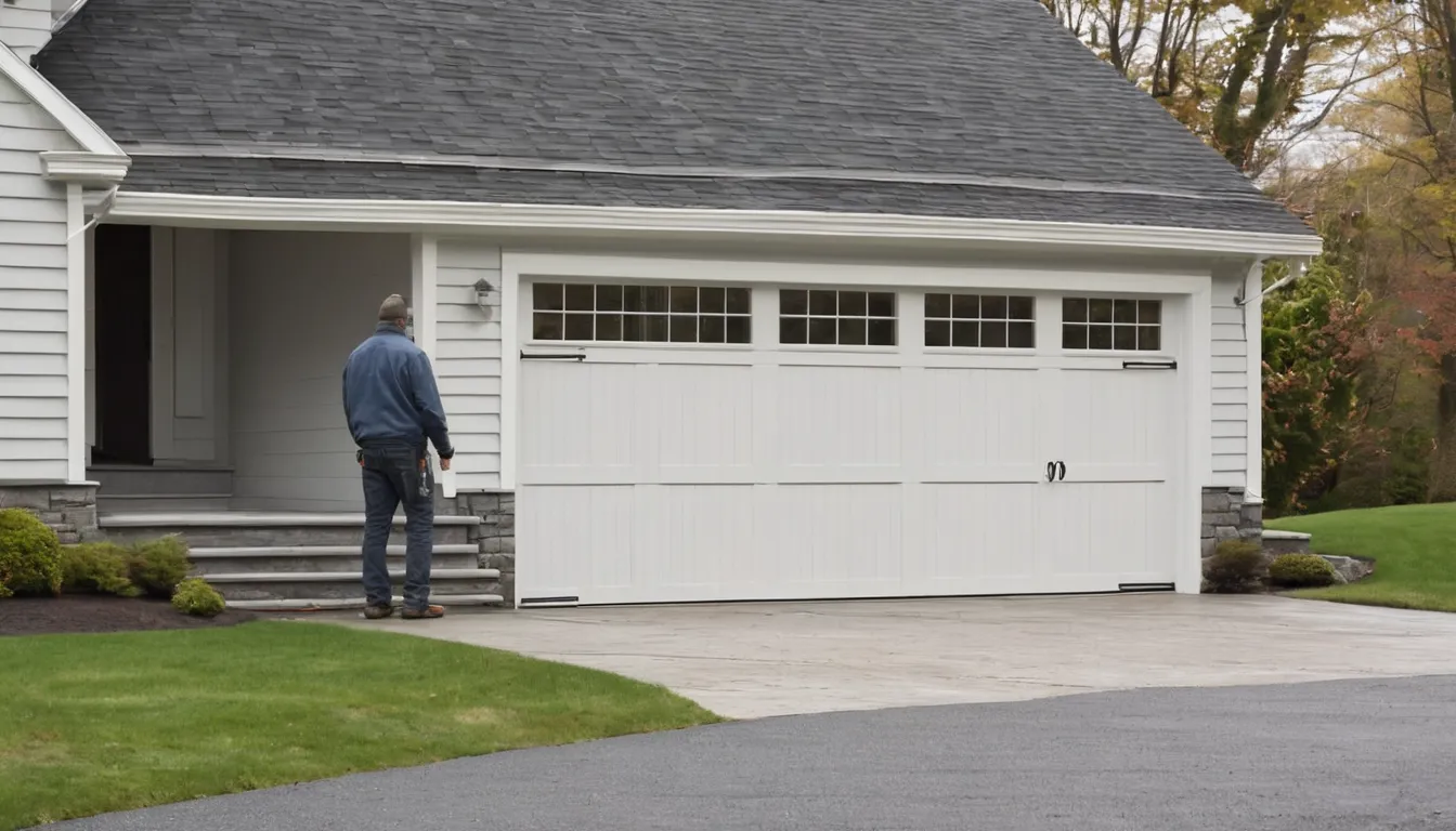 Friendly garage door provider inspecting a track and spring on a home garage door in Agawam Town